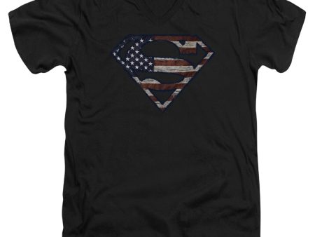 SUPERMAN : WARTORN FLAG S\S ADULT V NECK T-SHIRT 30\1 Black MD Fashion