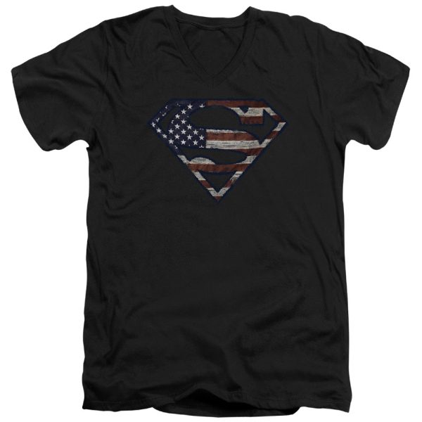 SUPERMAN : WARTORN FLAG S\S ADULT V NECK T-SHIRT 30\1 Black MD Fashion